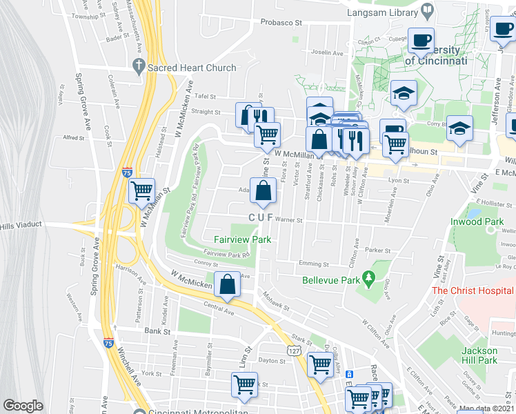 map of restaurants, bars, coffee shops, grocery stores, and more near 412 Tillotson Street in Cincinnati