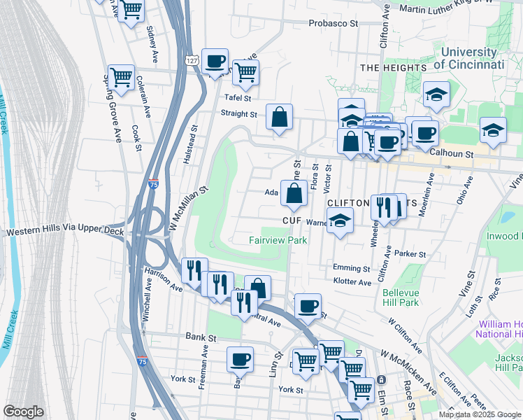 map of restaurants, bars, coffee shops, grocery stores, and more near 2321 Muriel Court in Cincinnati