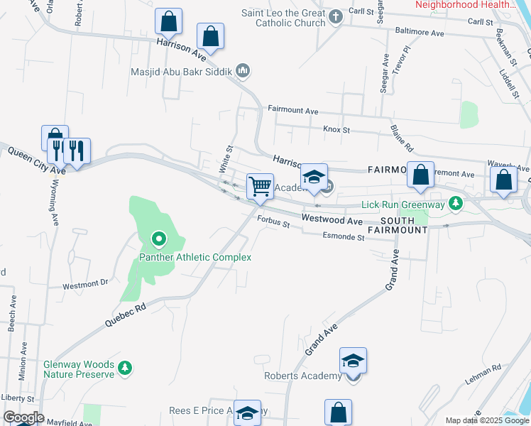 map of restaurants, bars, coffee shops, grocery stores, and more near 1865 Queen City Avenue in Cincinnati