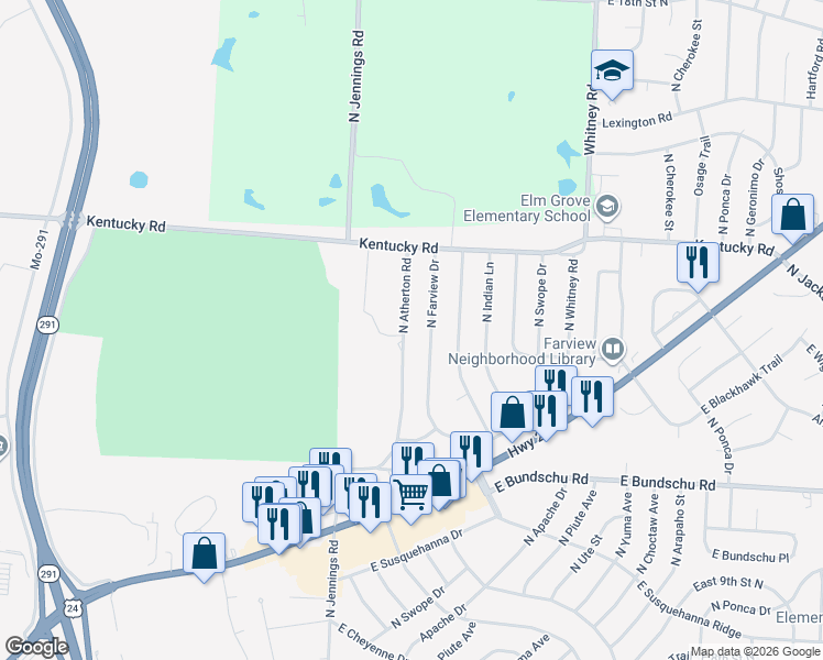map of restaurants, bars, coffee shops, grocery stores, and more near 1210 North Farview Drive in Independence