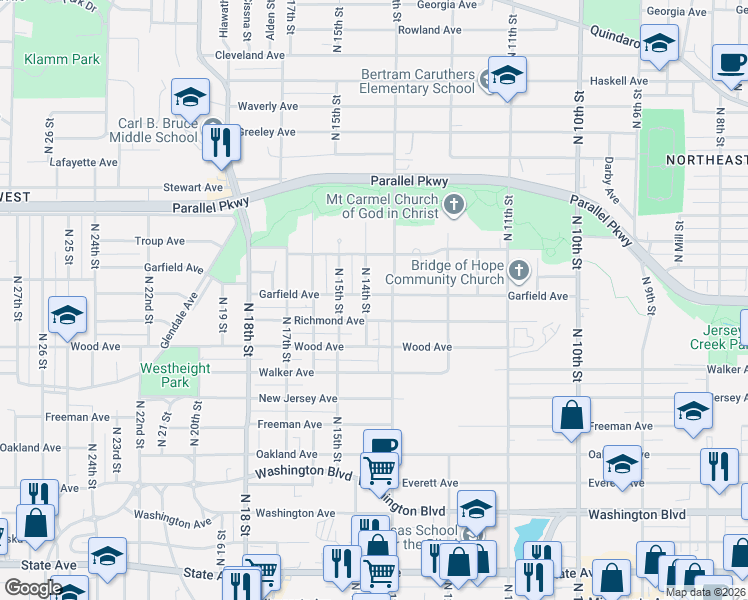 map of restaurants, bars, coffee shops, grocery stores, and more near 1320 Garfield Avenue in Kansas City