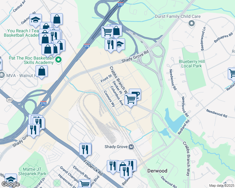 map of restaurants, bars, coffee shops, grocery stores, and more near 16199 Columbus Avenue in Rockville