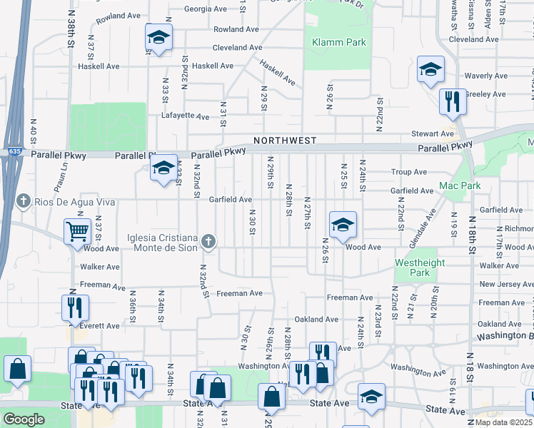 map of restaurants, bars, coffee shops, grocery stores, and more near 1860 North 29 Street in Kansas City