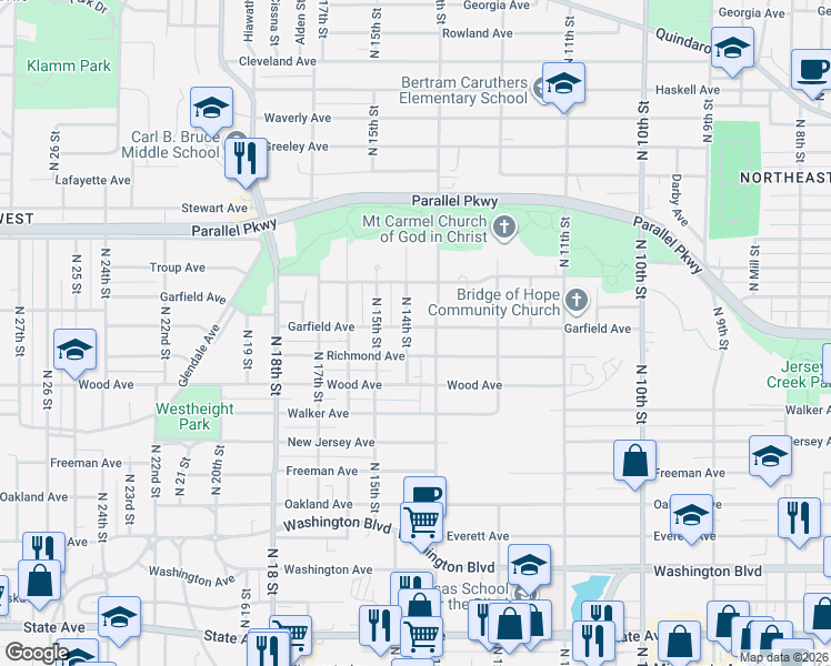 map of restaurants, bars, coffee shops, grocery stores, and more near 1320 Garfield Avenue in Kansas City
