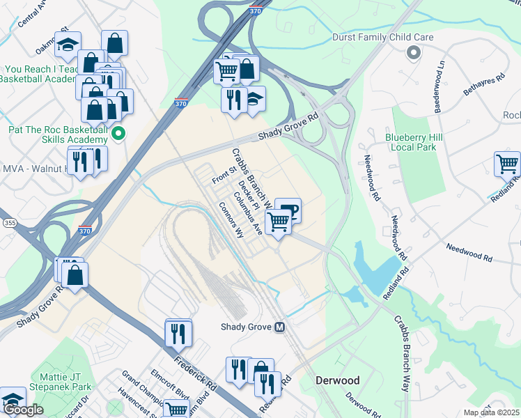 map of restaurants, bars, coffee shops, grocery stores, and more near 8051 Red Hook Street in Derwood