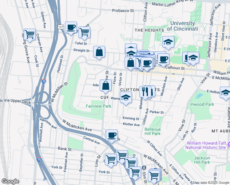 map of restaurants, bars, coffee shops, grocery stores, and more near 2314 Flora Street in Cincinnati