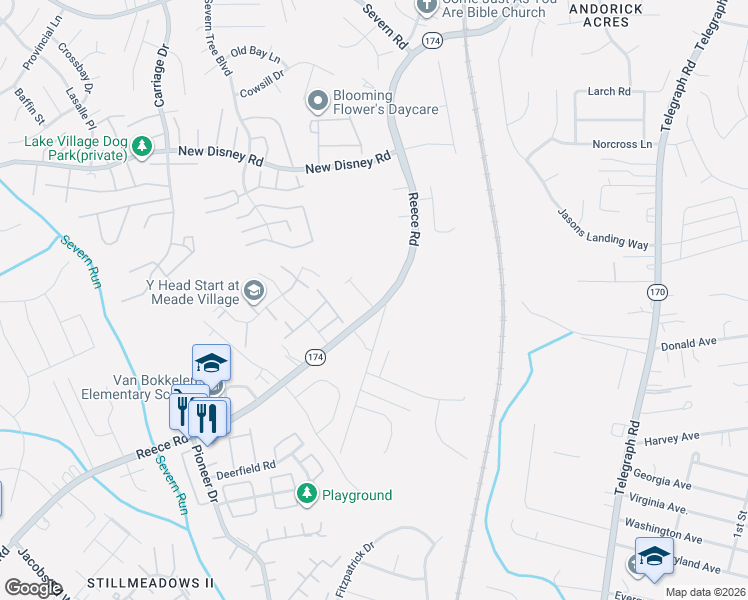 map of restaurants, bars, coffee shops, grocery stores, and more near 7903 Sage Way in Severn