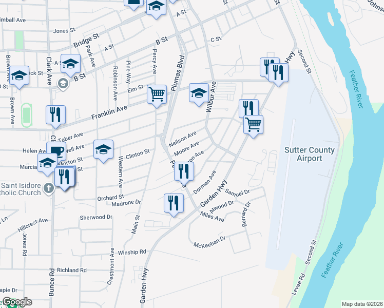 map of restaurants, bars, coffee shops, grocery stores, and more near 31 Wilson Avenue in Yuba City