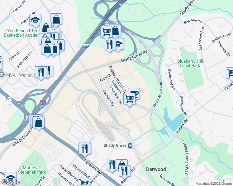 map of restaurants, bars, coffee shops, grocery stores, and more near 16199 Columbus Avenue in Rockville