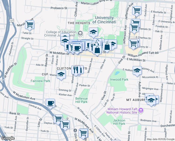 map of restaurants, bars, coffee shops, grocery stores, and more near 2408 Moerlein Avenue in Cincinnati