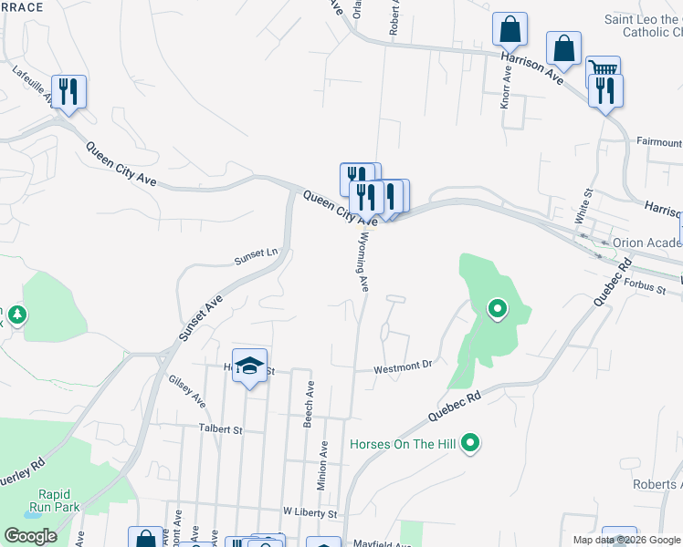 map of restaurants, bars, coffee shops, grocery stores, and more near 2303 Wyoming Avenue in Cincinnati