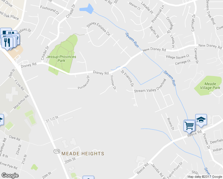 map of restaurants, bars, coffee shops, grocery stores, and more near 1701 Prairie Court in Severn