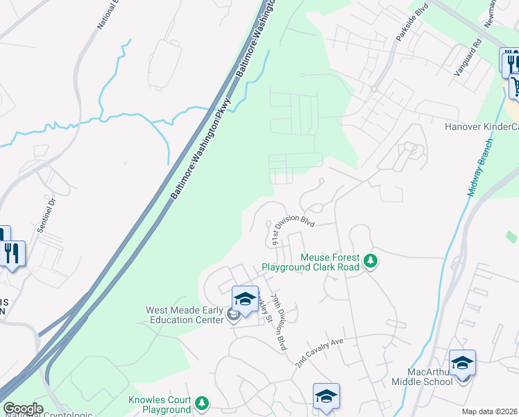 map of restaurants, bars, coffee shops, grocery stores, and more near Costin Loop in Fort Meade