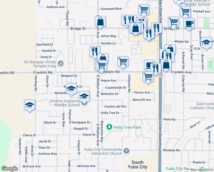 map of restaurants, bars, coffee shops, grocery stores, and more near 1530 Hayne Avenue in Yuba City