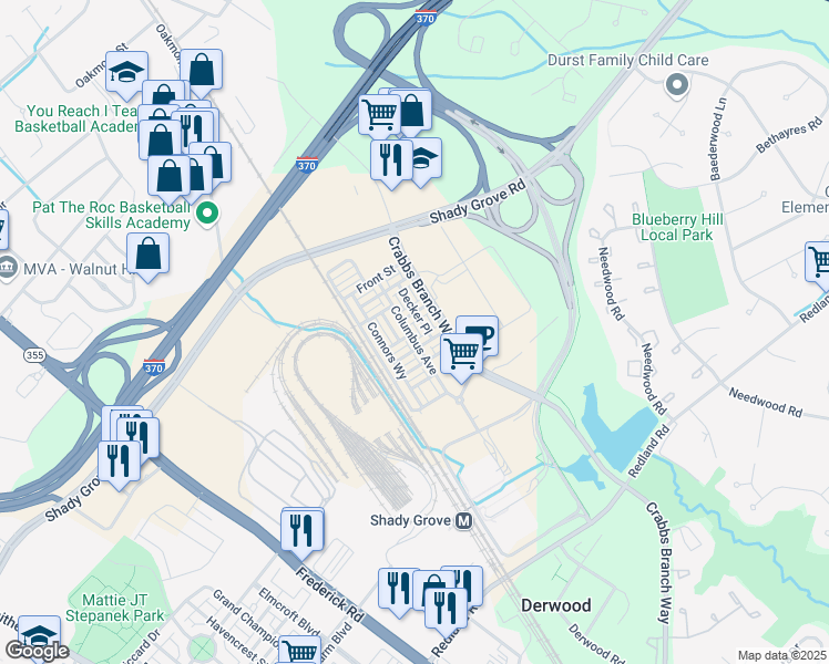 map of restaurants, bars, coffee shops, grocery stores, and more near 16207 Columbus Avenue in Rockville