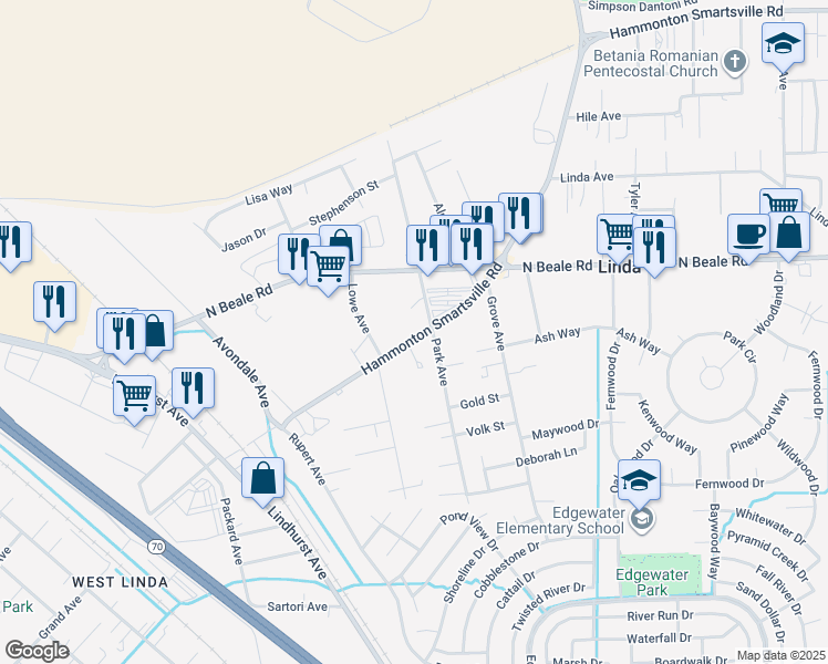 map of restaurants, bars, coffee shops, grocery stores, and more near 5956 Park Avenue in Linda