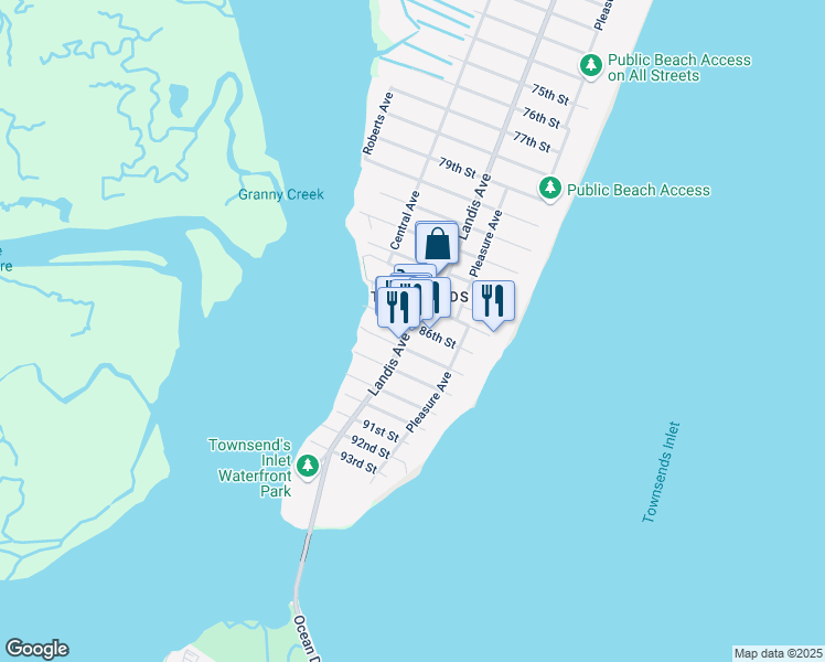 map of restaurants, bars, coffee shops, grocery stores, and more near 8601 Landis Avenue in Sea Isle City