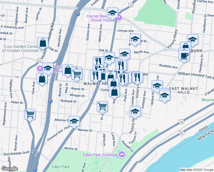map of restaurants, bars, coffee shops, grocery stores, and more near 939 East McMillan Street in Cincinnati