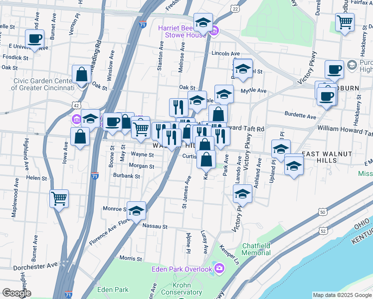 map of restaurants, bars, coffee shops, grocery stores, and more near 939 East McMillan Street in Cincinnati