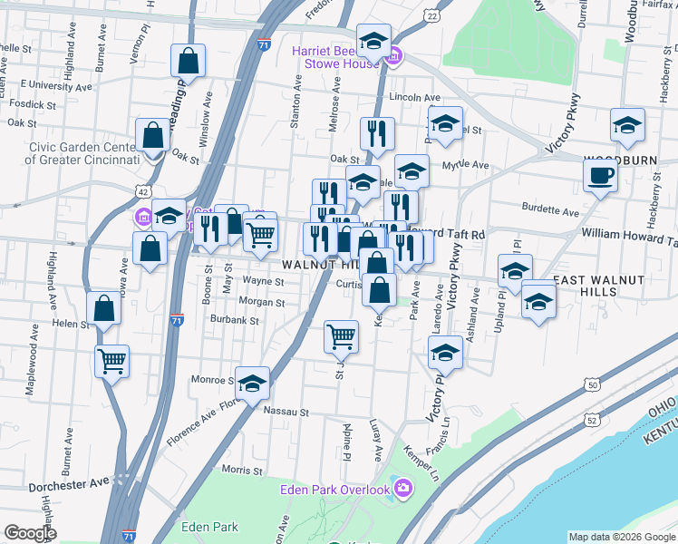 map of restaurants, bars, coffee shops, grocery stores, and more near in Cincinnati