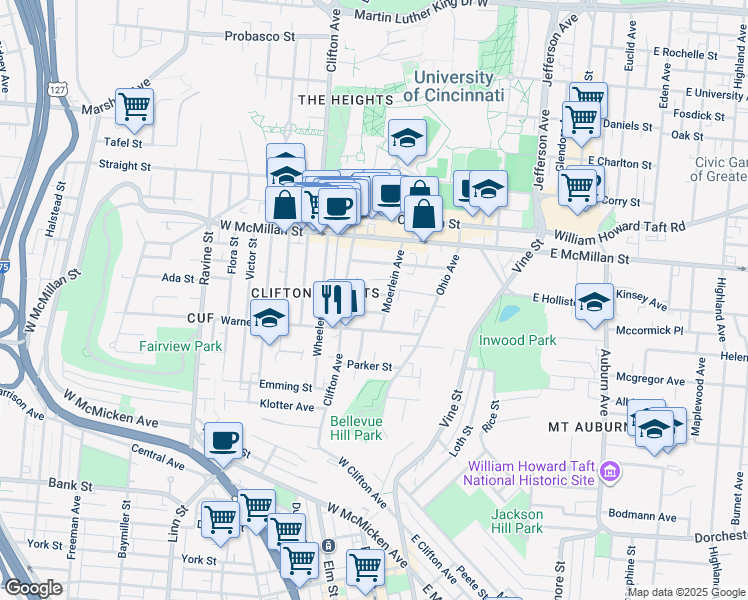 map of restaurants, bars, coffee shops, grocery stores, and more near 228 Atkinson Street in Cincinnati