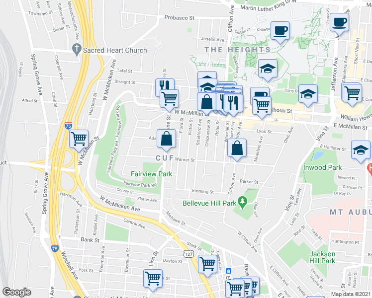 map of restaurants, bars, coffee shops, grocery stores, and more near 2320 Victor Street in Cincinnati