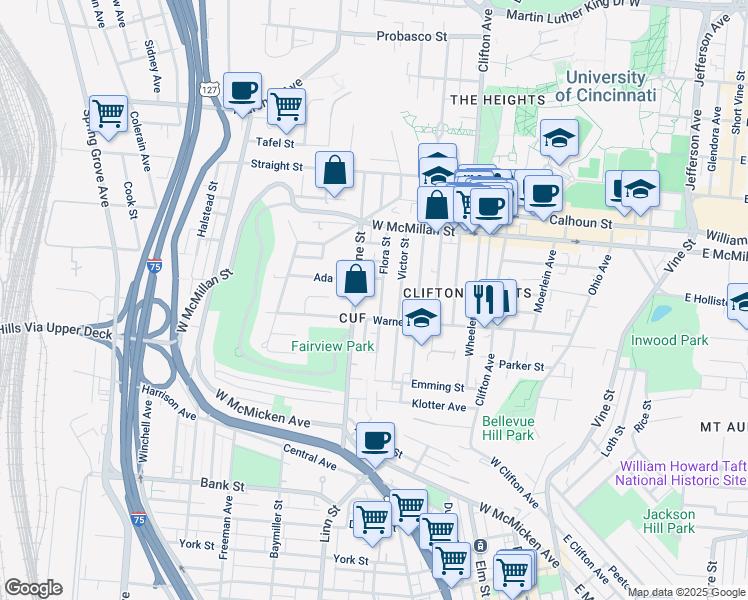 map of restaurants, bars, coffee shops, grocery stores, and more near 2327 Flora Street in Cincinnati