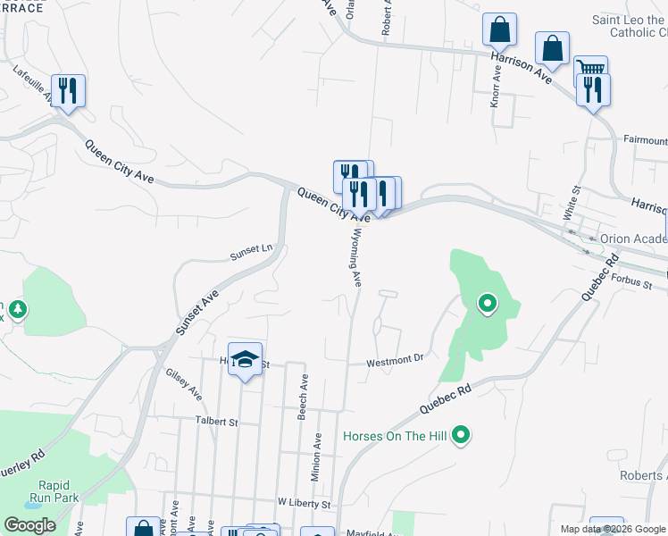 map of restaurants, bars, coffee shops, grocery stores, and more near 2303 Wyoming Avenue in Cincinnati