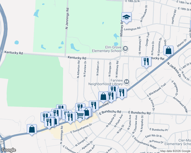 map of restaurants, bars, coffee shops, grocery stores, and more near 1213 North Indian Lane in Independence