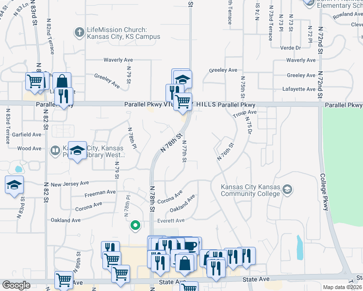 map of restaurants, bars, coffee shops, grocery stores, and more near 1826 North 77th Street in Kansas City