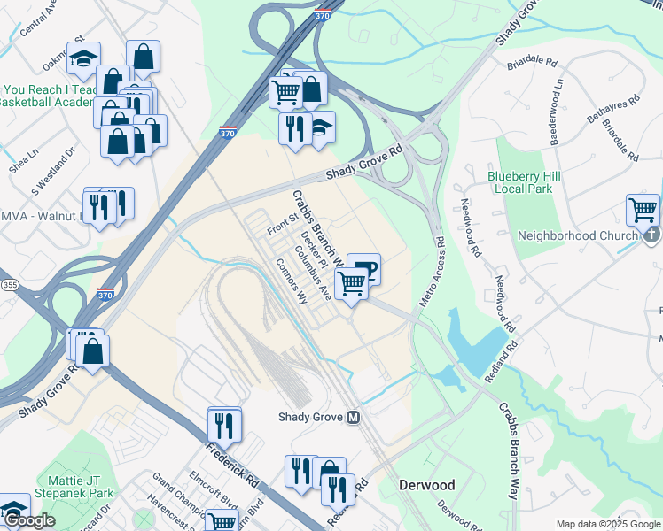 map of restaurants, bars, coffee shops, grocery stores, and more near 8039 Red Hook Street in Derwood