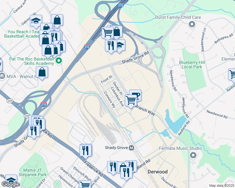 map of restaurants, bars, coffee shops, grocery stores, and more near 16211 Columbus Avenue in Rockville