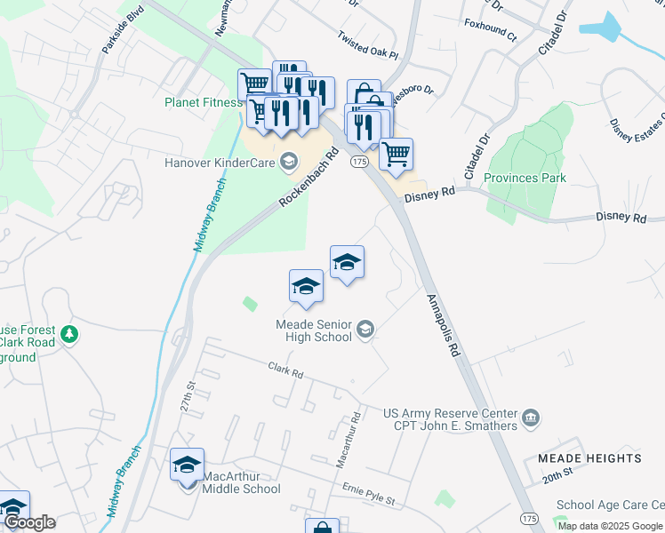 map of restaurants, bars, coffee shops, grocery stores, and more near 26th Street in Fort Meade