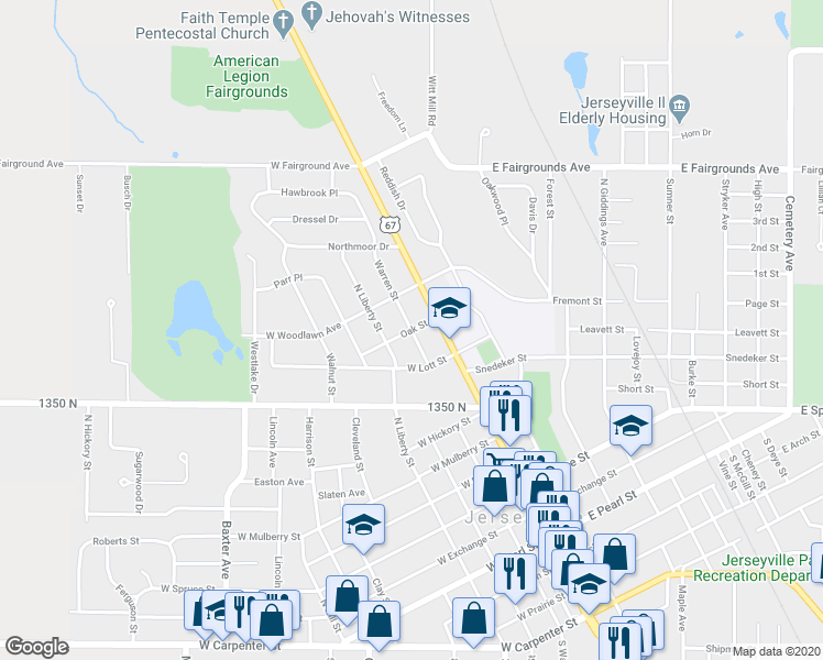 map of restaurants, bars, coffee shops, grocery stores, and more near 199 Oak Street in Jerseyville