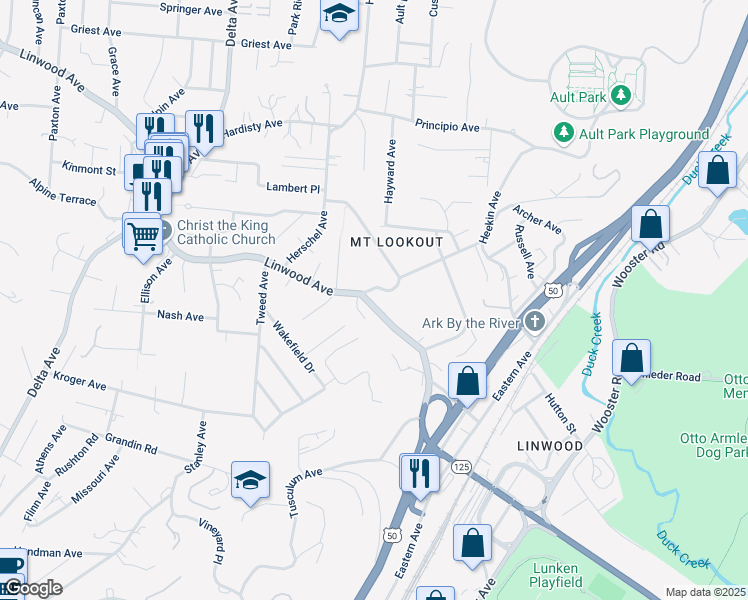 map of restaurants, bars, coffee shops, grocery stores, and more near 3508 Linwood Avenue in Cincinnati