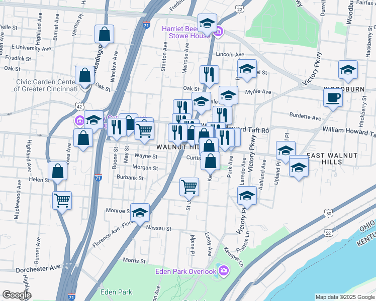 map of restaurants, bars, coffee shops, grocery stores, and more near 911 East McMillan Street in Cincinnati