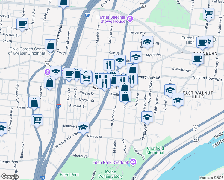 map of restaurants, bars, coffee shops, grocery stores, and more near 911 East McMillan Street in Cincinnati