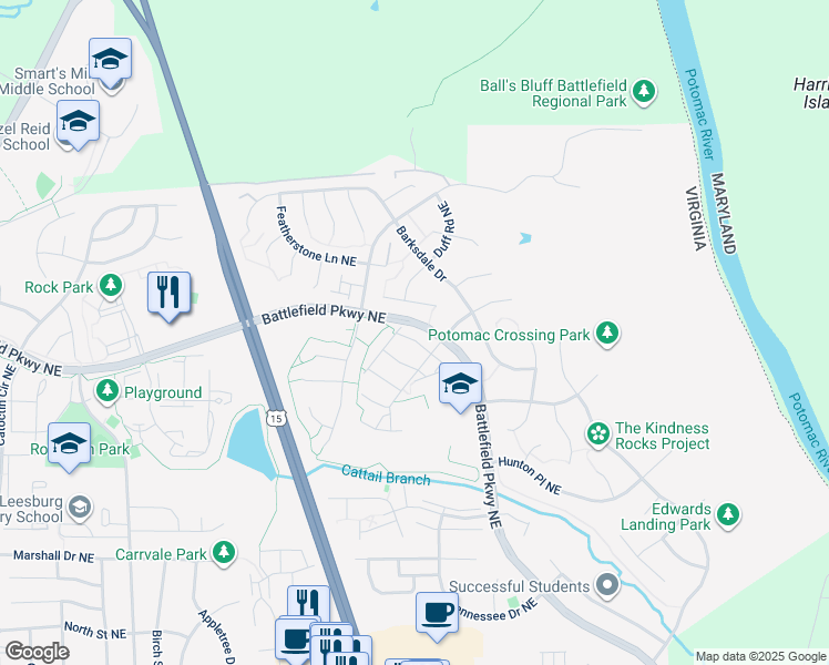 map of restaurants, bars, coffee shops, grocery stores, and more near 818 Smartts Lane Northeast in Leesburg