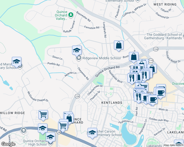 map of restaurants, bars, coffee shops, grocery stores, and more near 1006 Quince Orchard Road in Gaithersburg