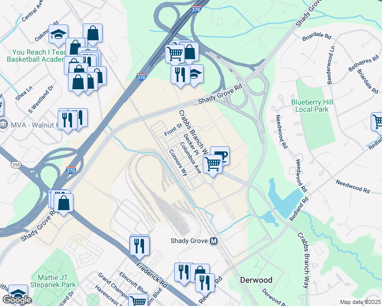 map of restaurants, bars, coffee shops, grocery stores, and more near 16211 Columbus Avenue in Rockville