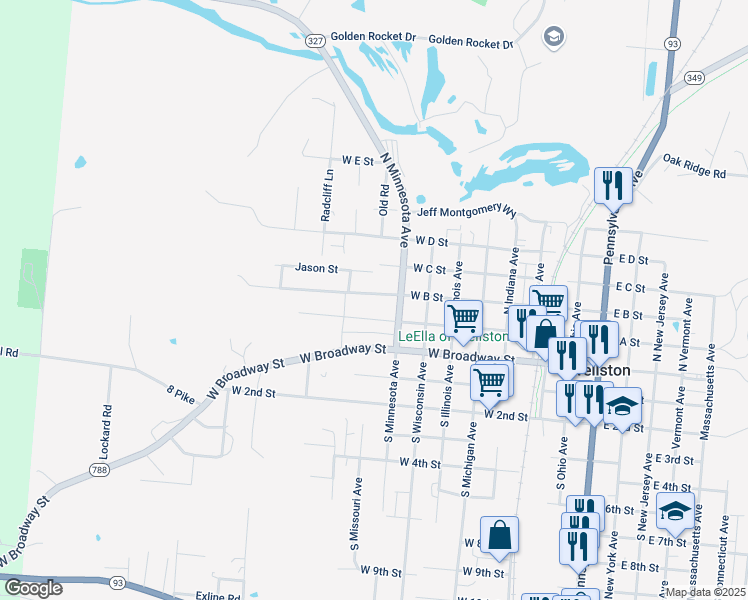 map of restaurants, bars, coffee shops, grocery stores, and more near 512 West B Street in Wellston
