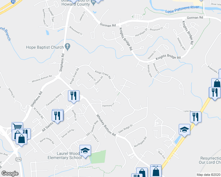 map of restaurants, bars, coffee shops, grocery stores, and more near 9445 Kings Grant Road in Laurel