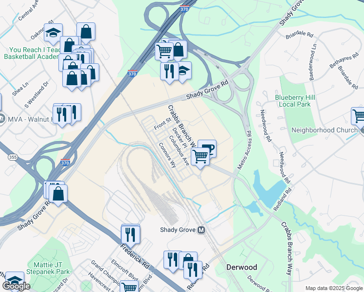 map of restaurants, bars, coffee shops, grocery stores, and more near 16202 Decker Place in Derwood