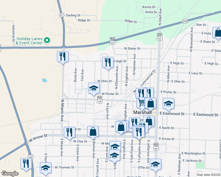 map of restaurants, bars, coffee shops, grocery stores, and more near 521N North Ellsworth Avenue in Marshall
