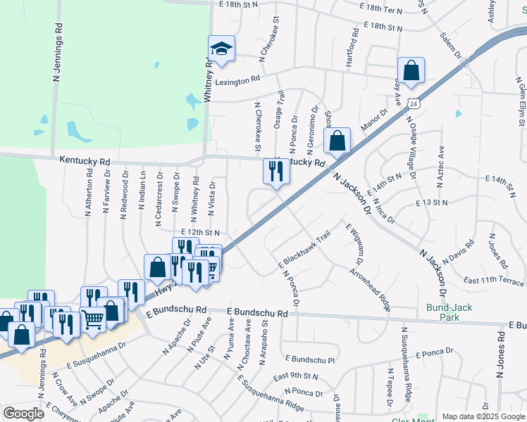 map of restaurants, bars, coffee shops, grocery stores, and more near 415 East 24 Highway Circle in Independence
