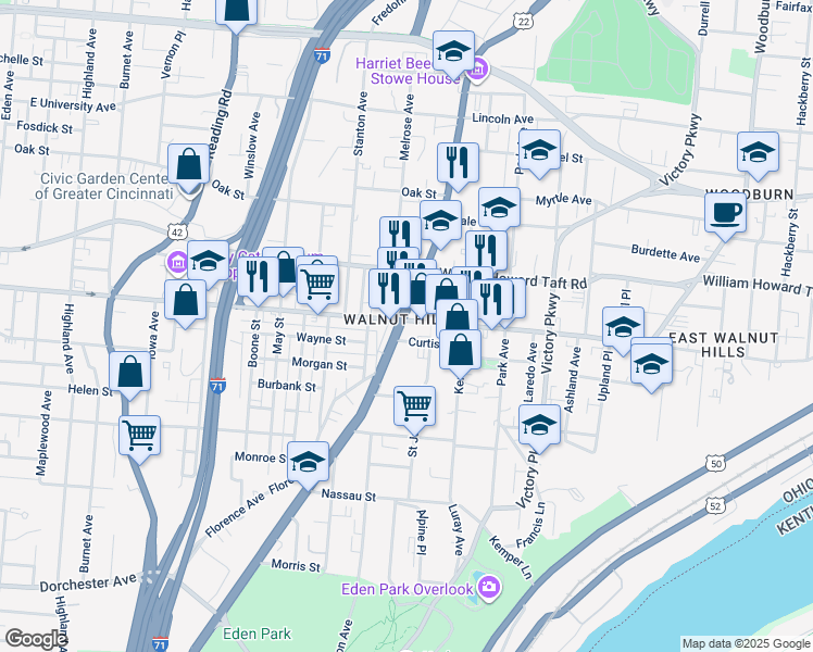 map of restaurants, bars, coffee shops, grocery stores, and more near in Cincinnati