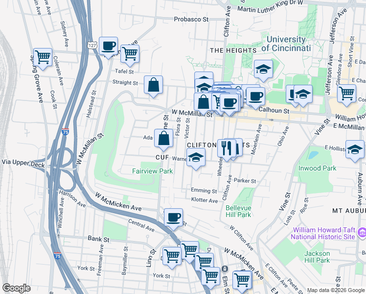 map of restaurants, bars, coffee shops, grocery stores, and more near 2320 Victor Street in Cincinnati