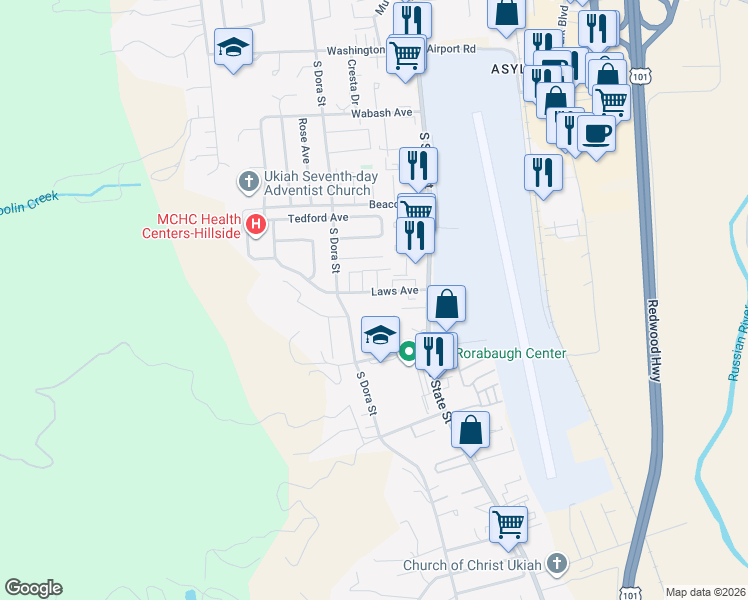 map of restaurants, bars, coffee shops, grocery stores, and more near 19 Laws Avenue in Ukiah