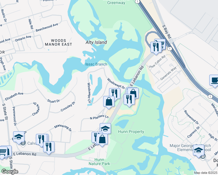 map of restaurants, bars, coffee shops, grocery stores, and more near 2010 Windswept Drive in Dover