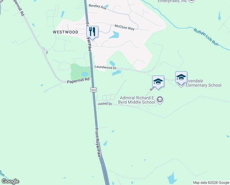 map of restaurants, bars, coffee shops, grocery stores, and more near 1357 Front Royal Pike in Winchester
